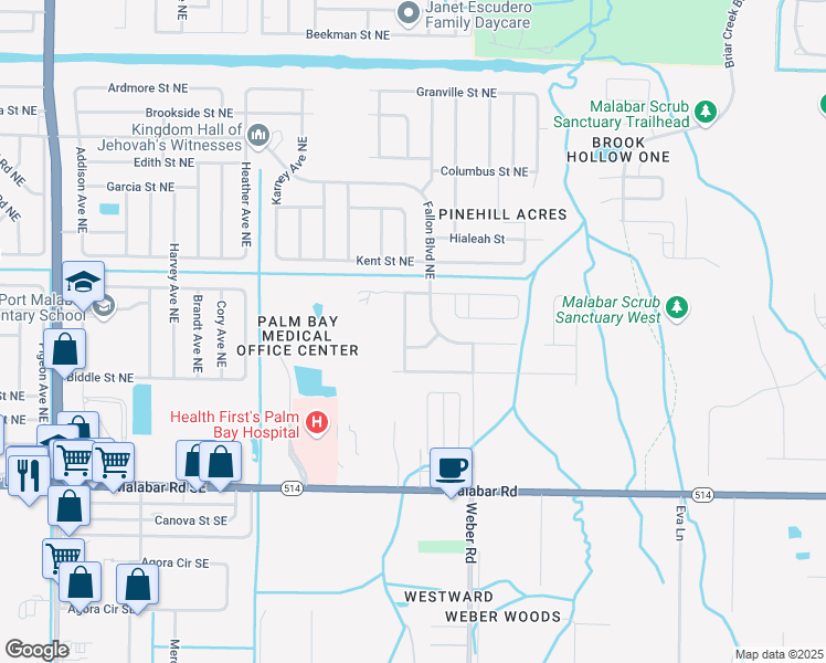 map of restaurants, bars, coffee shops, grocery stores, and more near 297 Butler Avenue Northeast in Palm Bay