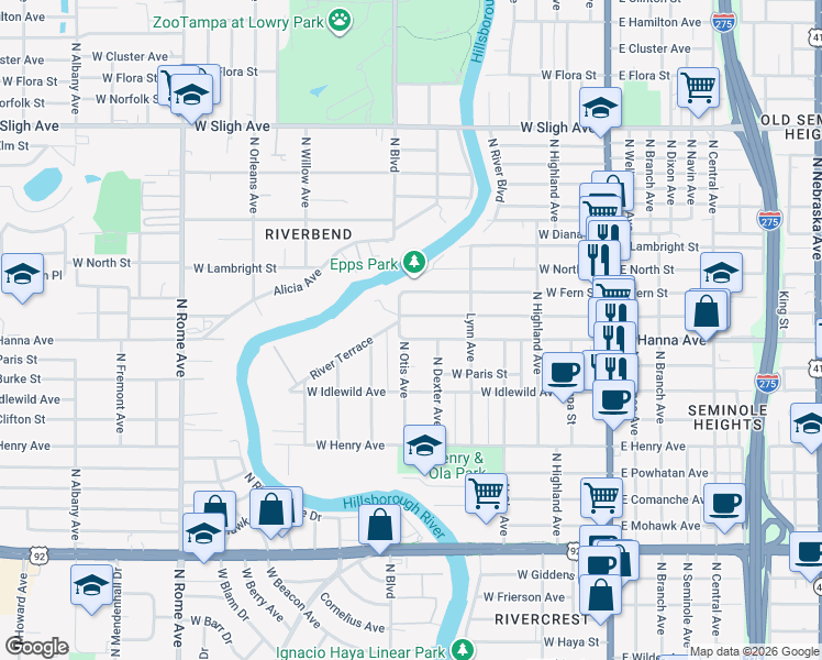 map of restaurants, bars, coffee shops, grocery stores, and more near 517 West Hanna Avenue in Tampa