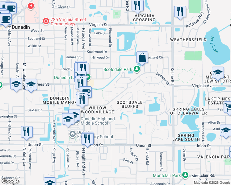 map of restaurants, bars, coffee shops, grocery stores, and more near 1114 Castlemay Circle in Dunedin