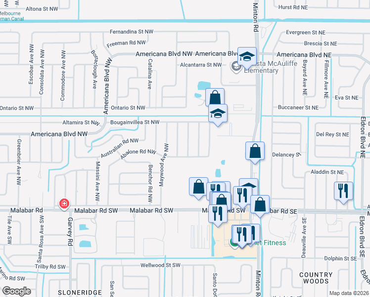map of restaurants, bars, coffee shops, grocery stores, and more near 211 Mayport Avenue Northwest in Palm Bay