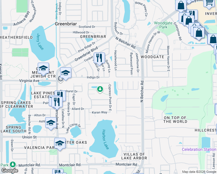 map of restaurants, bars, coffee shops, grocery stores, and more near 2181 Rivers Bend Court in Clearwater