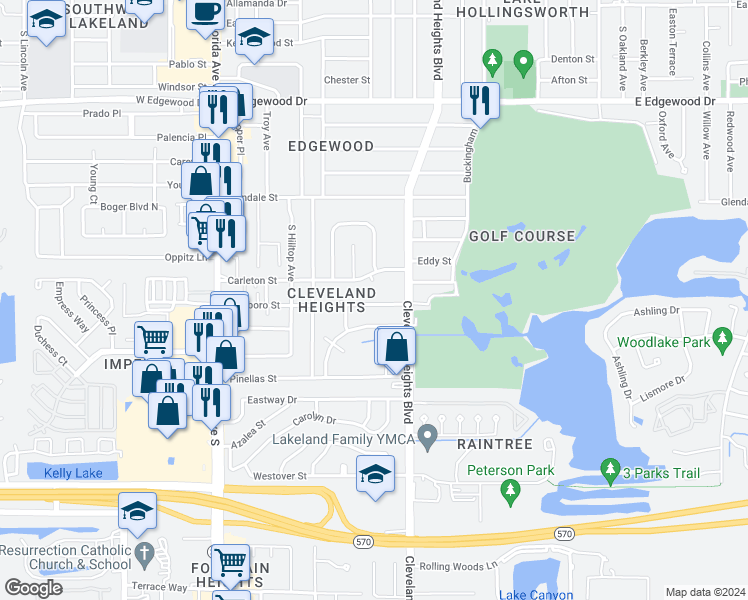 map of restaurants, bars, coffee shops, grocery stores, and more near 604 Oriole Drive in Lakeland