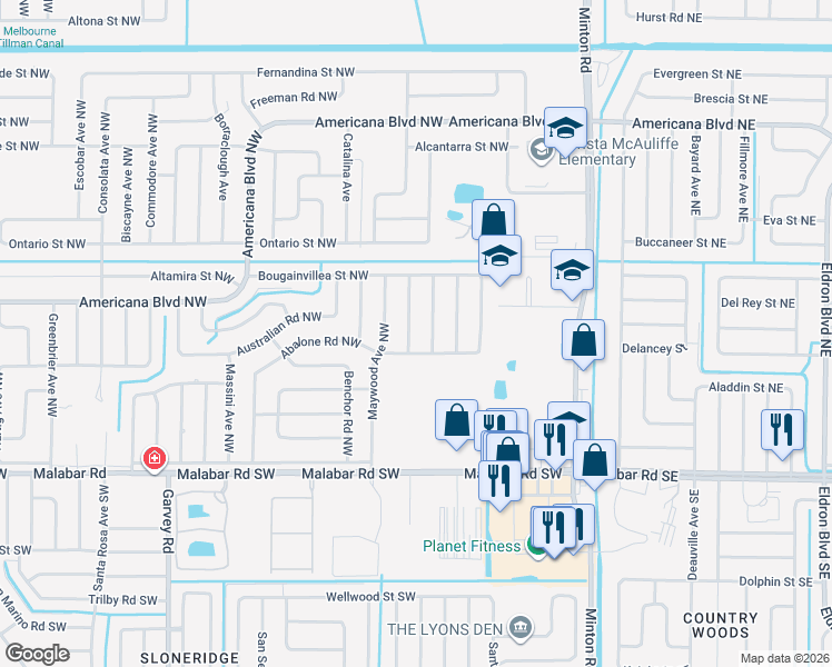 map of restaurants, bars, coffee shops, grocery stores, and more near 211 Mayport Avenue Northwest in Palm Bay