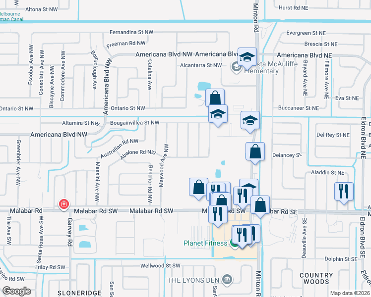 map of restaurants, bars, coffee shops, grocery stores, and more near 220 Medea Avenue Northwest in Palm Bay