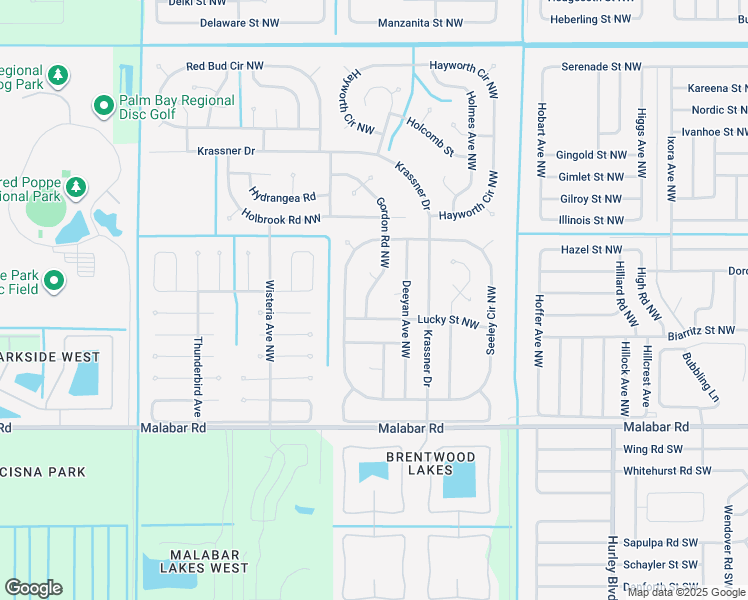 map of restaurants, bars, coffee shops, grocery stores, and more near 214 Gordon Road Northwest in Palm Bay