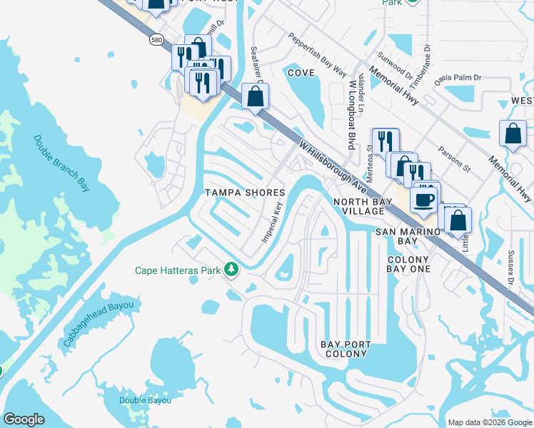 map of restaurants, bars, coffee shops, grocery stores, and more near 5906 Tampa Shores Boulevard in Tampa