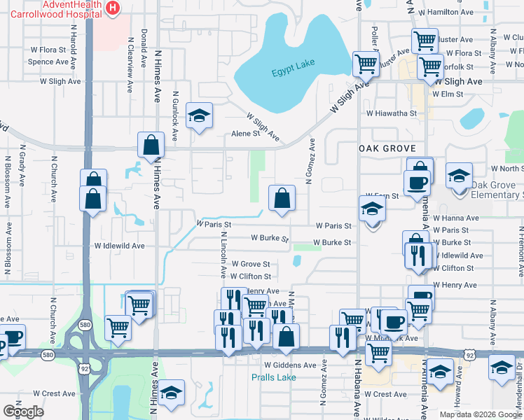 map of restaurants, bars, coffee shops, grocery stores, and more near 6306 North Woodlynne Avenue in Tampa