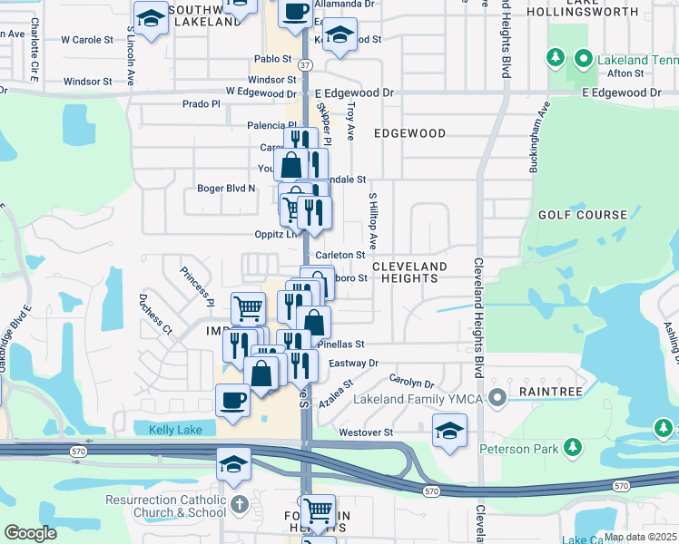 map of restaurants, bars, coffee shops, grocery stores, and more near 204 Hillsboro Street in Lakeland