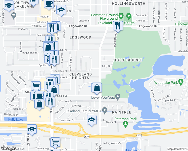 map of restaurants, bars, coffee shops, grocery stores, and more near 623 Oriole Drive in Lakeland