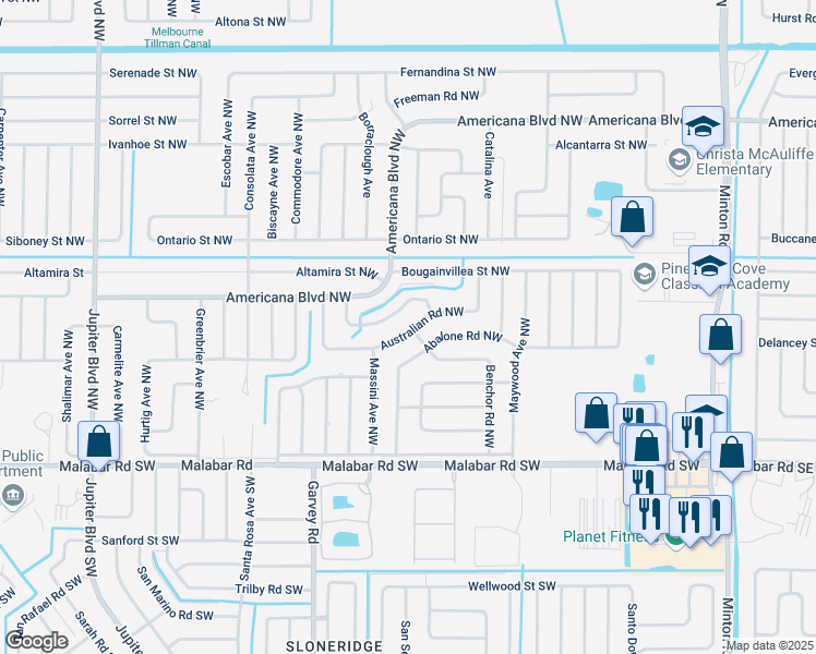 map of restaurants, bars, coffee shops, grocery stores, and more near 501 Australian Road Northwest in Palm Bay