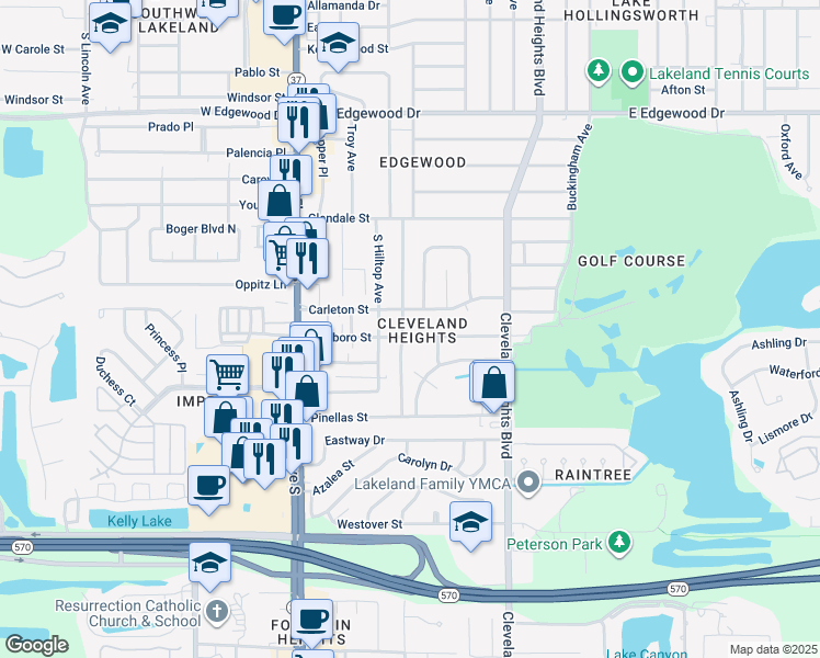 map of restaurants, bars, coffee shops, grocery stores, and more near 3246 South Polk Avenue in Lakeland