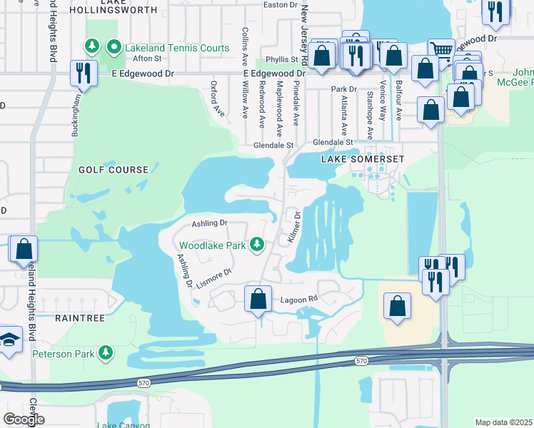 map of restaurants, bars, coffee shops, grocery stores, and more near 1215 Windjammer Dr in Lakeland