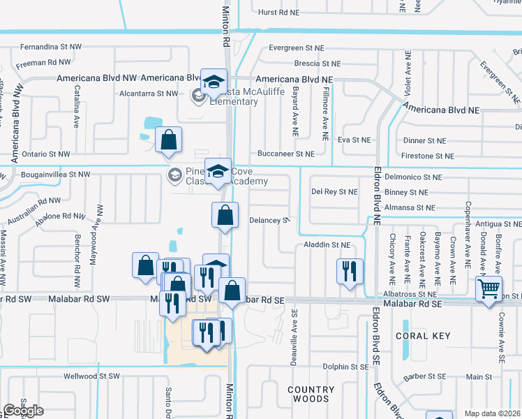 map of restaurants, bars, coffee shops, grocery stores, and more near 130 Appleby Street Northeast in Palm Bay