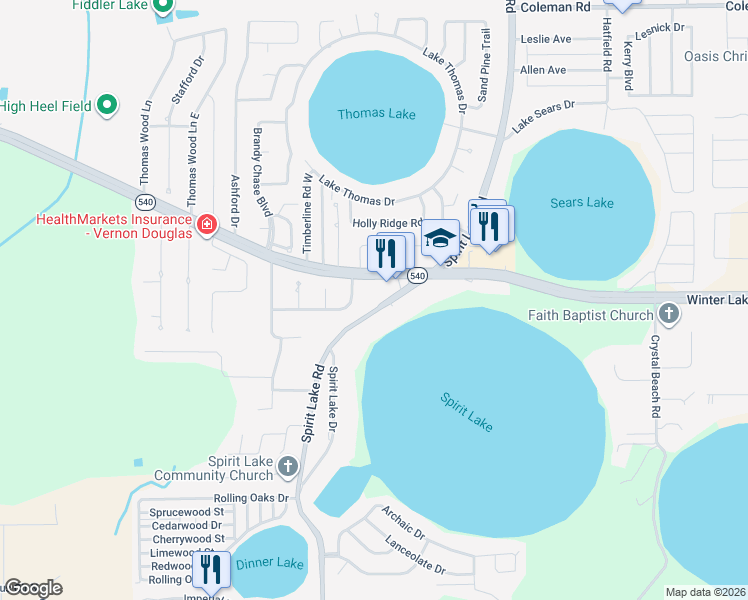 map of restaurants, bars, coffee shops, grocery stores, and more near 2024 Spirit Lake Road in Winter Haven