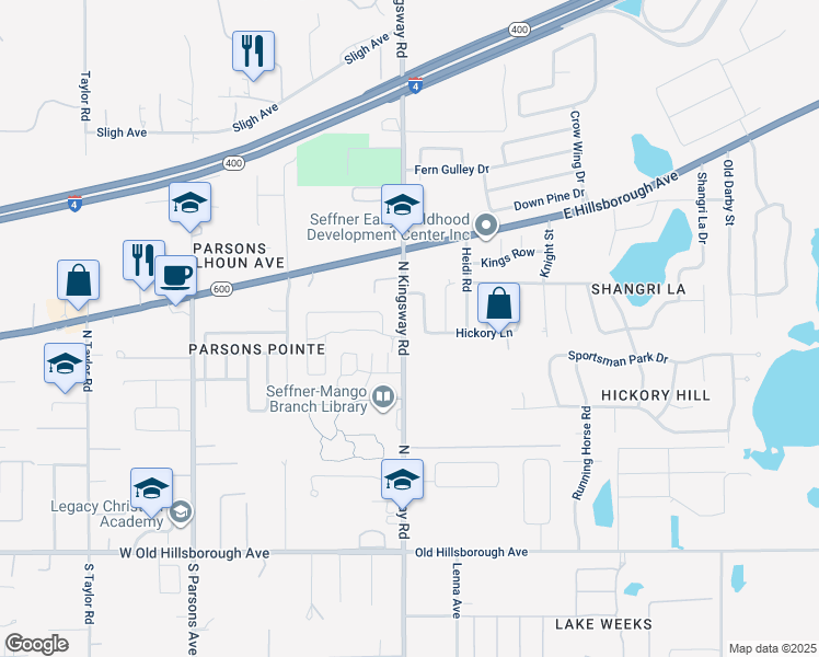 map of restaurants, bars, coffee shops, grocery stores, and more near 614 Clairvaux Rue in Seffner