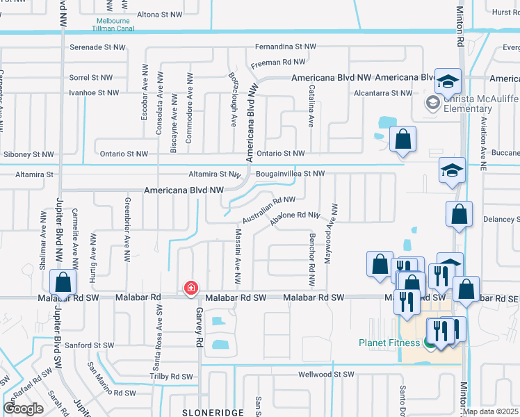 map of restaurants, bars, coffee shops, grocery stores, and more near 501 Australian Road Northwest in Palm Bay