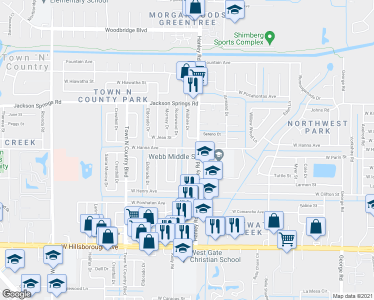 map of restaurants, bars, coffee shops, grocery stores, and more near 6032 Wilshire Drive in Tampa