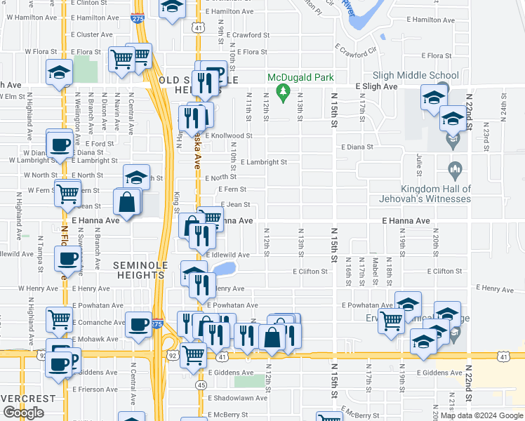 map of restaurants, bars, coffee shops, grocery stores, and more near 6205 North Flora Vista Avenue in Tampa