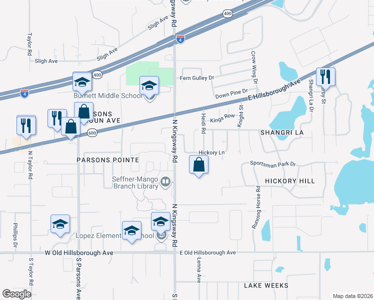 map of restaurants, bars, coffee shops, grocery stores, and more near 801 Walnut Drive in Seffner
