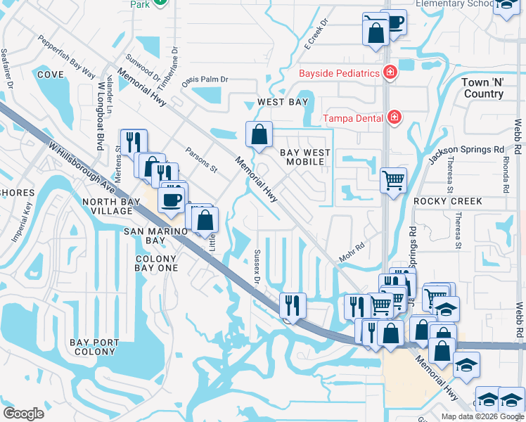 map of restaurants, bars, coffee shops, grocery stores, and more near 5904 Sussex Court in Tampa