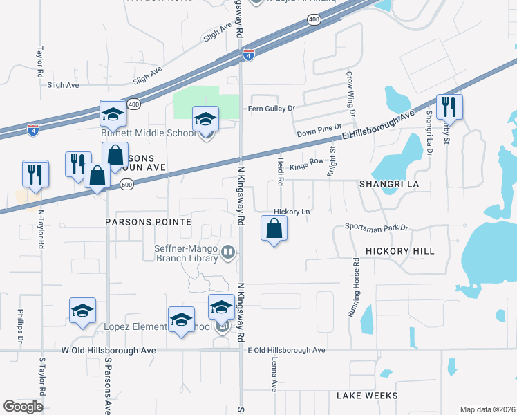 map of restaurants, bars, coffee shops, grocery stores, and more near 801 Walnut Drive in Seffner