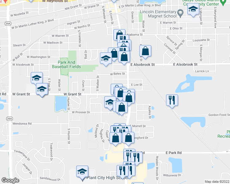 map of restaurants, bars, coffee shops, grocery stores, and more near 1308 South Evers Street in Plant City