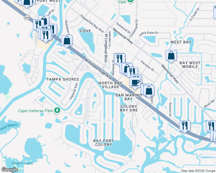 map of restaurants, bars, coffee shops, grocery stores, and more near 6312 Newtown Circle in Tampa