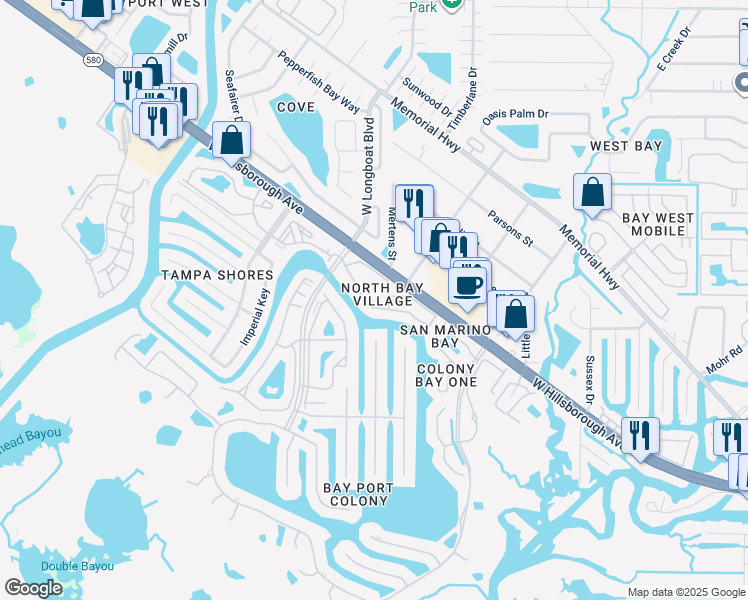 map of restaurants, bars, coffee shops, grocery stores, and more near 6312 Newtown Circle in Tampa