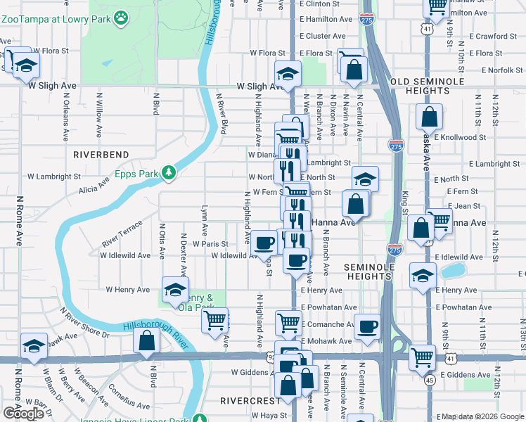 map of restaurants, bars, coffee shops, grocery stores, and more near 201 West Hanna Avenue in Tampa