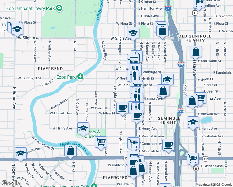 map of restaurants, bars, coffee shops, grocery stores, and more near 303 West Hanna Avenue in Tampa
