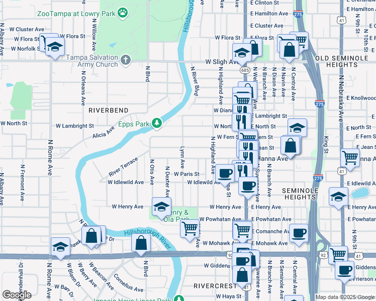 map of restaurants, bars, coffee shops, grocery stores, and more near 317 West Hanna Avenue in Tampa