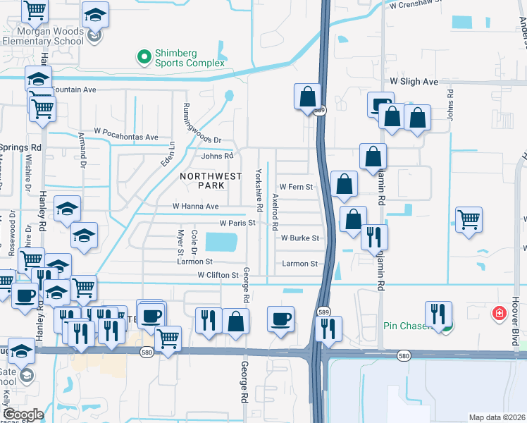 map of restaurants, bars, coffee shops, grocery stores, and more near 6102 Yorkshire Road in Tampa
