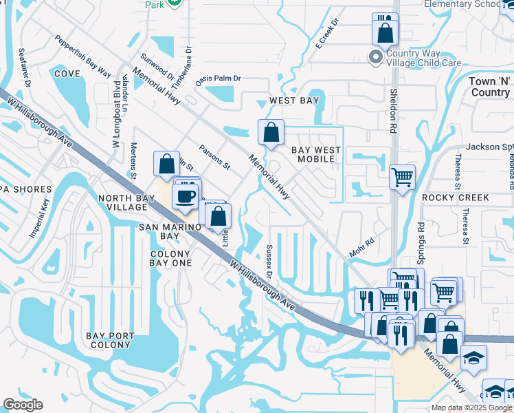 map of restaurants, bars, coffee shops, grocery stores, and more near 5908 Sussex Drive in Tampa