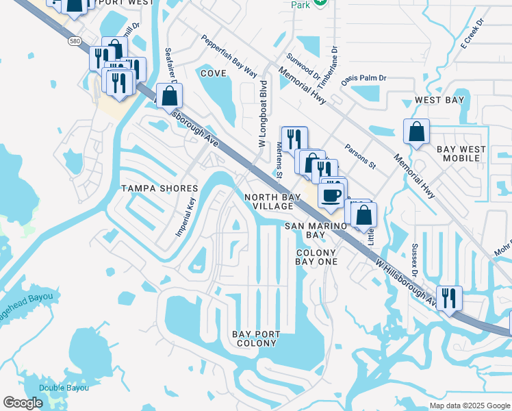 map of restaurants, bars, coffee shops, grocery stores, and more near 6315 Newtown Circle in Tampa