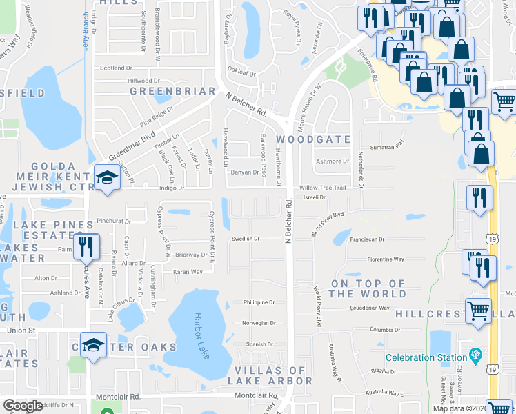 map of restaurants, bars, coffee shops, grocery stores, and more near 2294 Belgian Lane in Clearwater