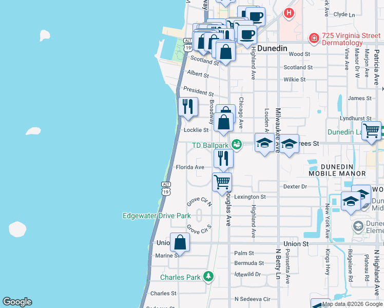 map of restaurants, bars, coffee shops, grocery stores, and more near 222 Park Circle South in Dunedin