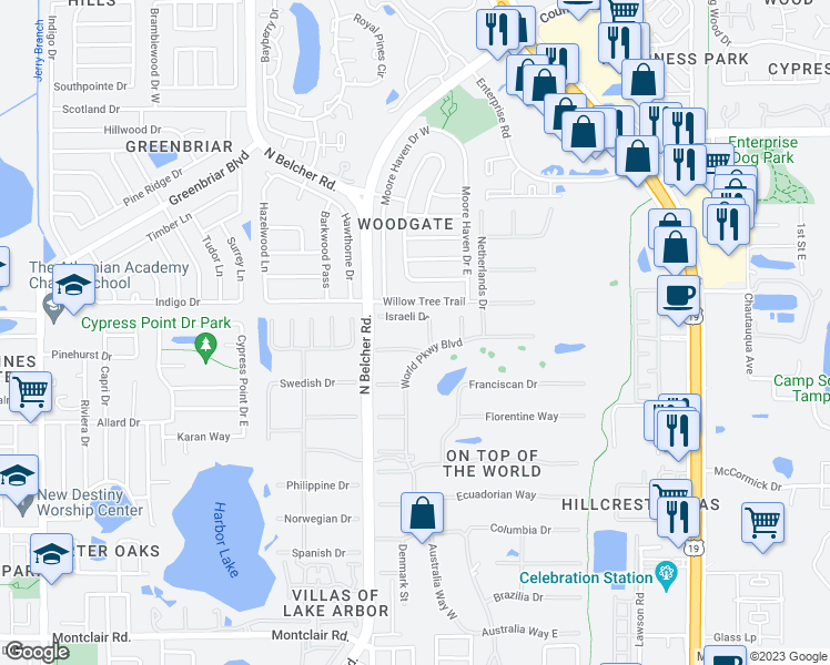 map of restaurants, bars, coffee shops, grocery stores, and more near 2363 Israeli Drive in Clearwater