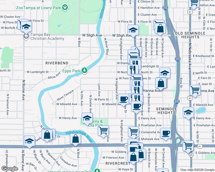 map of restaurants, bars, coffee shops, grocery stores, and more near 317 West Hanna Avenue in Tampa