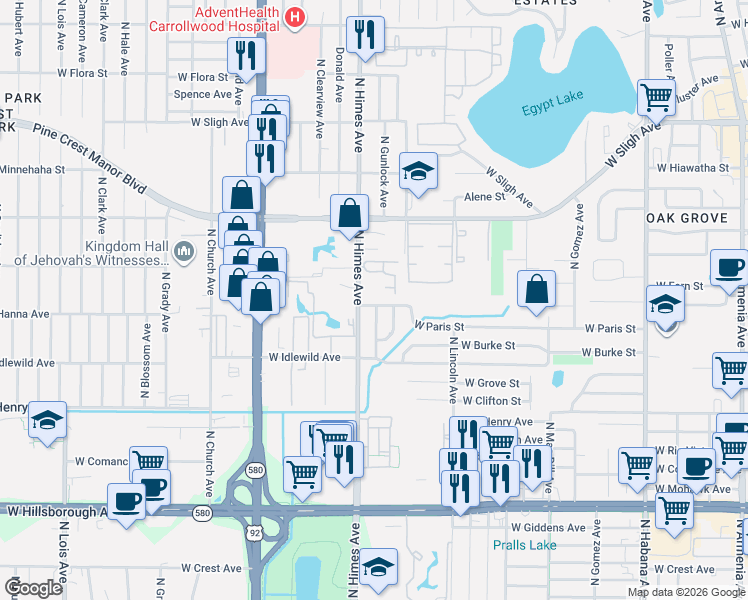 map of restaurants, bars, coffee shops, grocery stores, and more near 6015 North Gunlock Avenue in Tampa