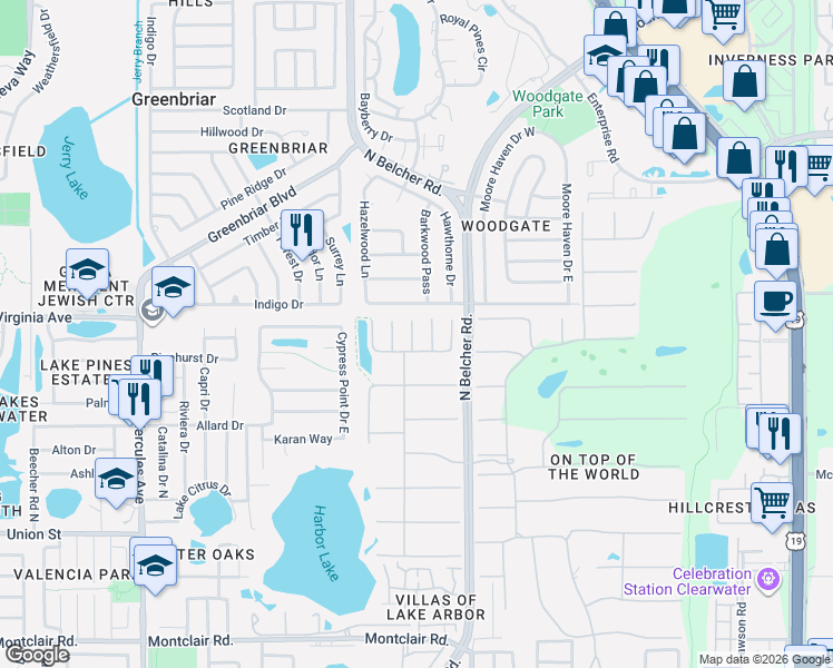 map of restaurants, bars, coffee shops, grocery stores, and more near 2294 Belgian Lane in Clearwater