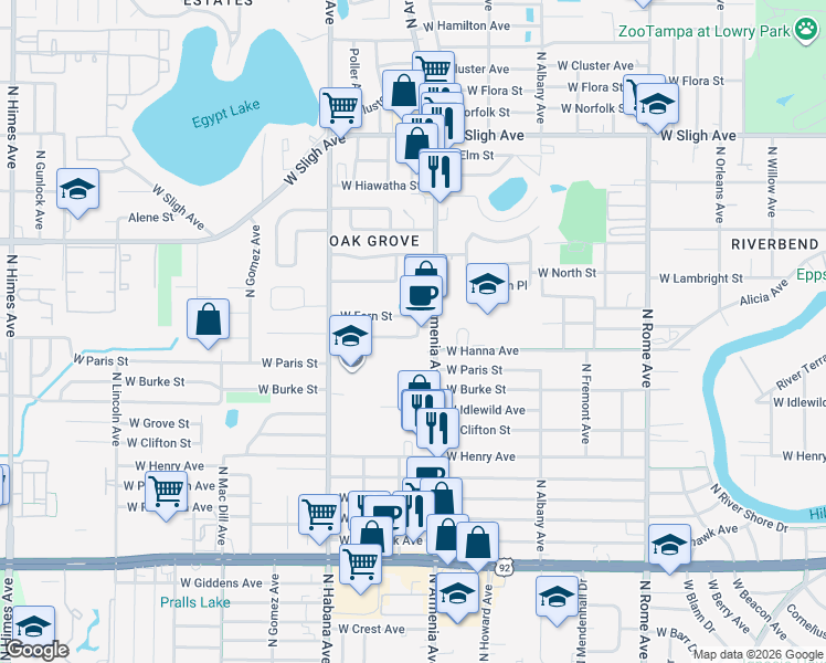 map of restaurants, bars, coffee shops, grocery stores, and more near 2509 West Jean Street in Tampa