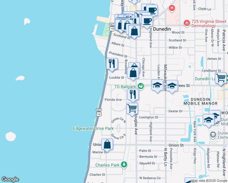 map of restaurants, bars, coffee shops, grocery stores, and more near 222 Park Circle South in Dunedin