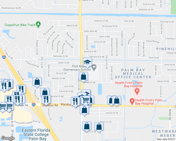 map of restaurants, bars, coffee shops, grocery stores, and more near 301 Pioneer Avenue Northeast in Palm Bay