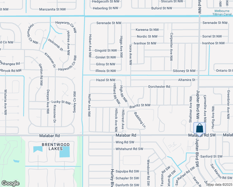 map of restaurants, bars, coffee shops, grocery stores, and more near 251 Hilliard Road Northwest in Palm Bay