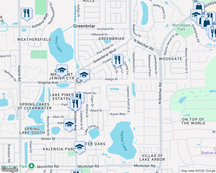 map of restaurants, bars, coffee shops, grocery stores, and more near 2109 Cypress Point Drive North in Clearwater