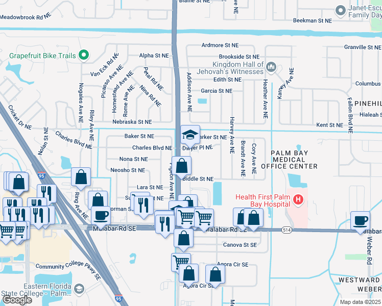 map of restaurants, bars, coffee shops, grocery stores, and more near 301 Pioneer Avenue Northeast in Palm Bay