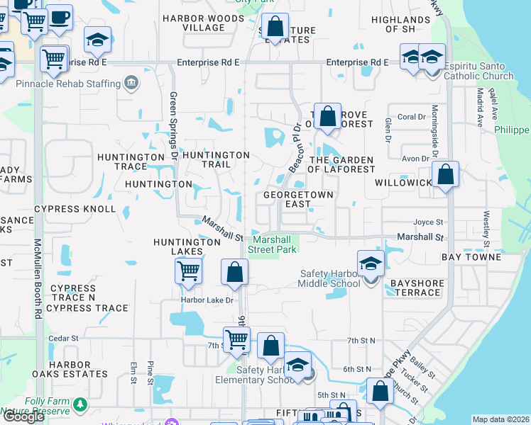 map of restaurants, bars, coffee shops, grocery stores, and more near 1103 Glenn Lane in Safety Harbor