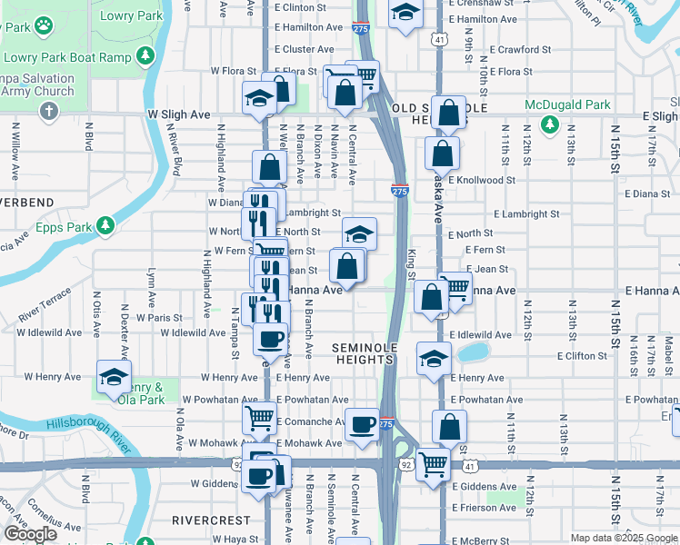 map of restaurants, bars, coffee shops, grocery stores, and more near 312 East Hanna Avenue in Tampa