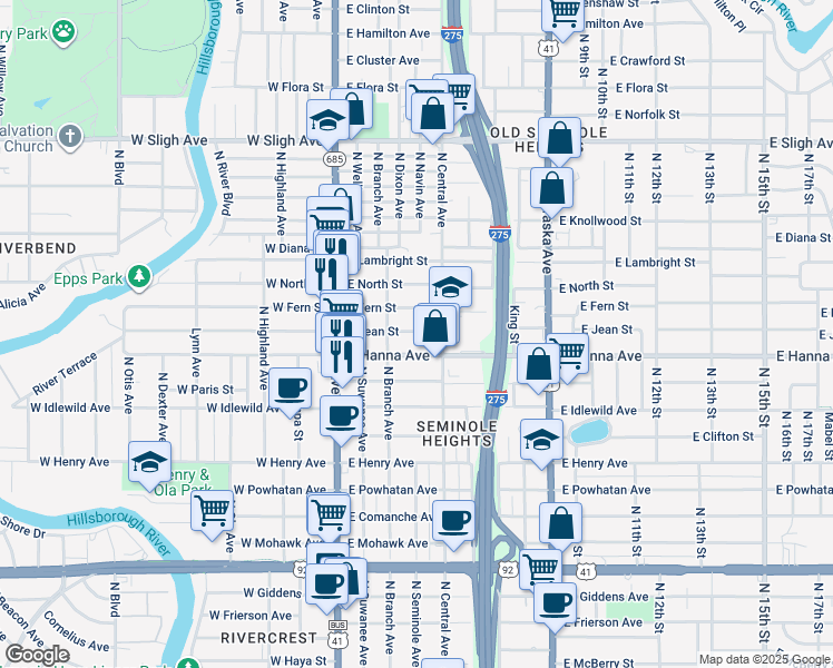 map of restaurants, bars, coffee shops, grocery stores, and more near 312 East Hanna Avenue in Tampa