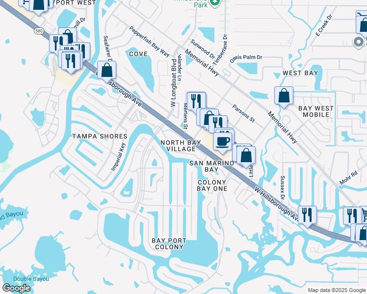 map of restaurants, bars, coffee shops, grocery stores, and more near 6315 Newtown Circle in Tampa